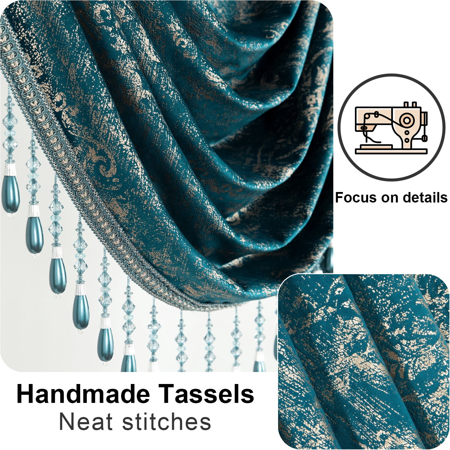 VOGOL Thick Velvet Waterfall Valance, Rod Pocket Swag Curtain with Vintage Tassel, Elegant Line Print Curtain for Living Room Bedroom Décor, 43 x 138 Inches, 1 Piece, Lake Blue