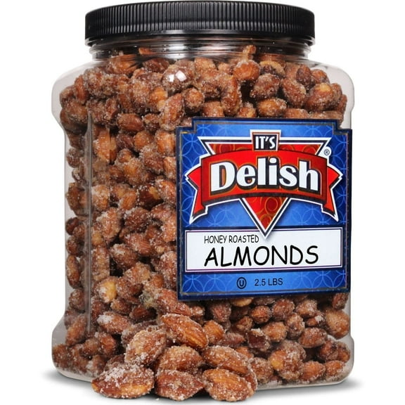 Honey Roasted Almonds by It's Delish, 2.5 LBS Reusable Jumbo Container  Gourmet Almond Nuts in Honey Sugar Coating, Sweet & Heart Healthy Salted Nut, Kids Snack - Non-Dairy, Kosher Parve