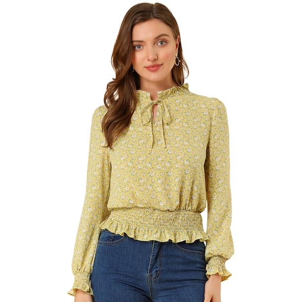 INSPIRE CHIC Blusa De Mujer Con Volantes Y Peplum Con Cuello Alto Y Manga Abullonada Amarillo XL
