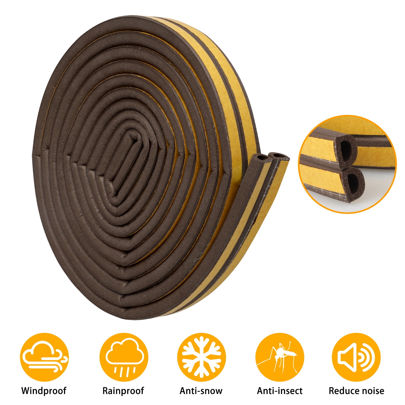 5M E-Brown EPDM Draught Excluder Self Adhesive Rubber Door Window Seal Strip