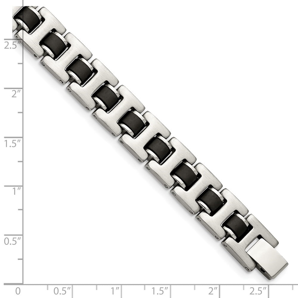 Diamond2Deal Stainless Steel Brushed with Black Rubber Bracelet for Men 8.5"