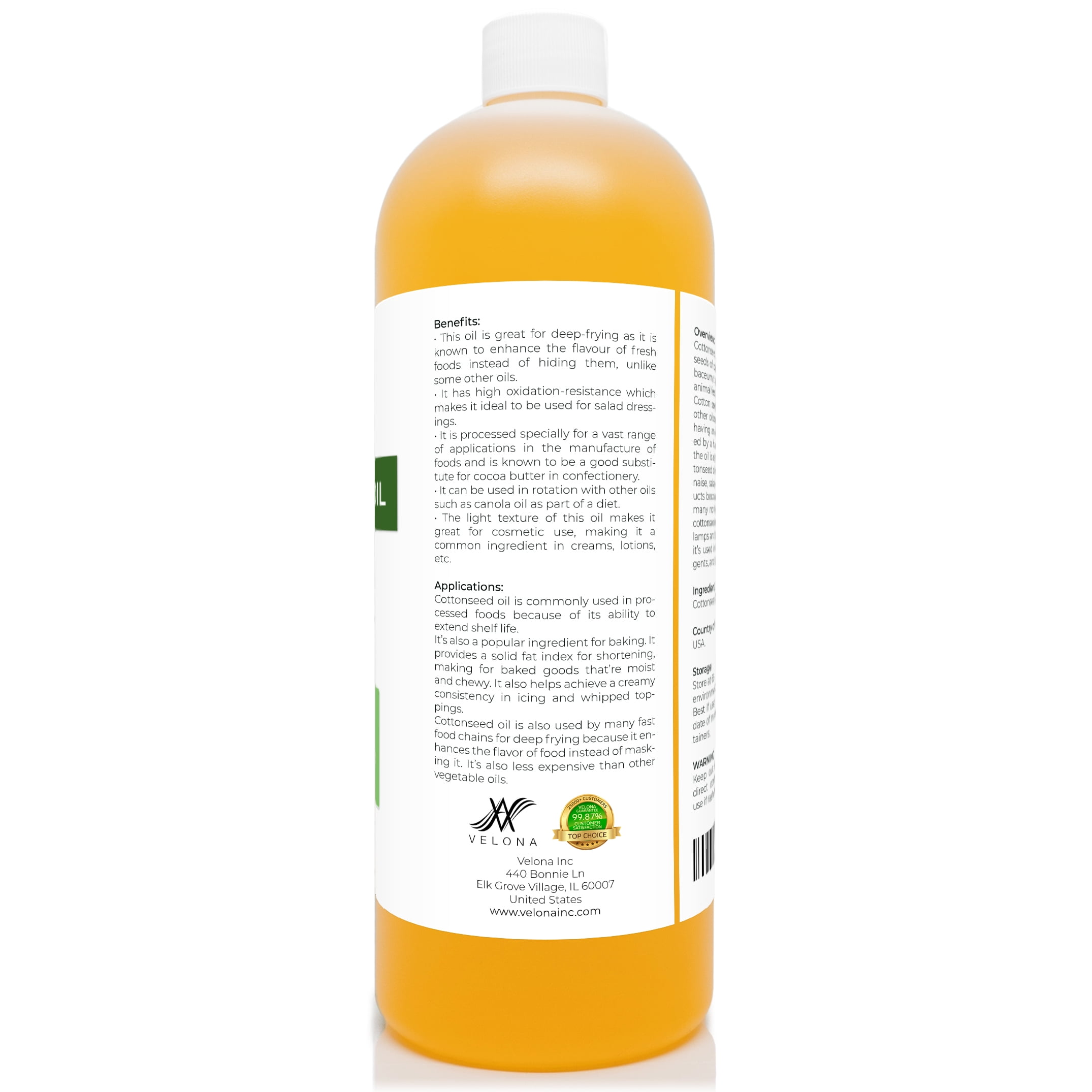 Cottonseed Oil by Velona - 32 oz | 100% Pure and Natural Carrier Oil | Refined, Cold pressed | Cooking, Skin, Face, Body, Hair Care | Use Today - Enjoy Results