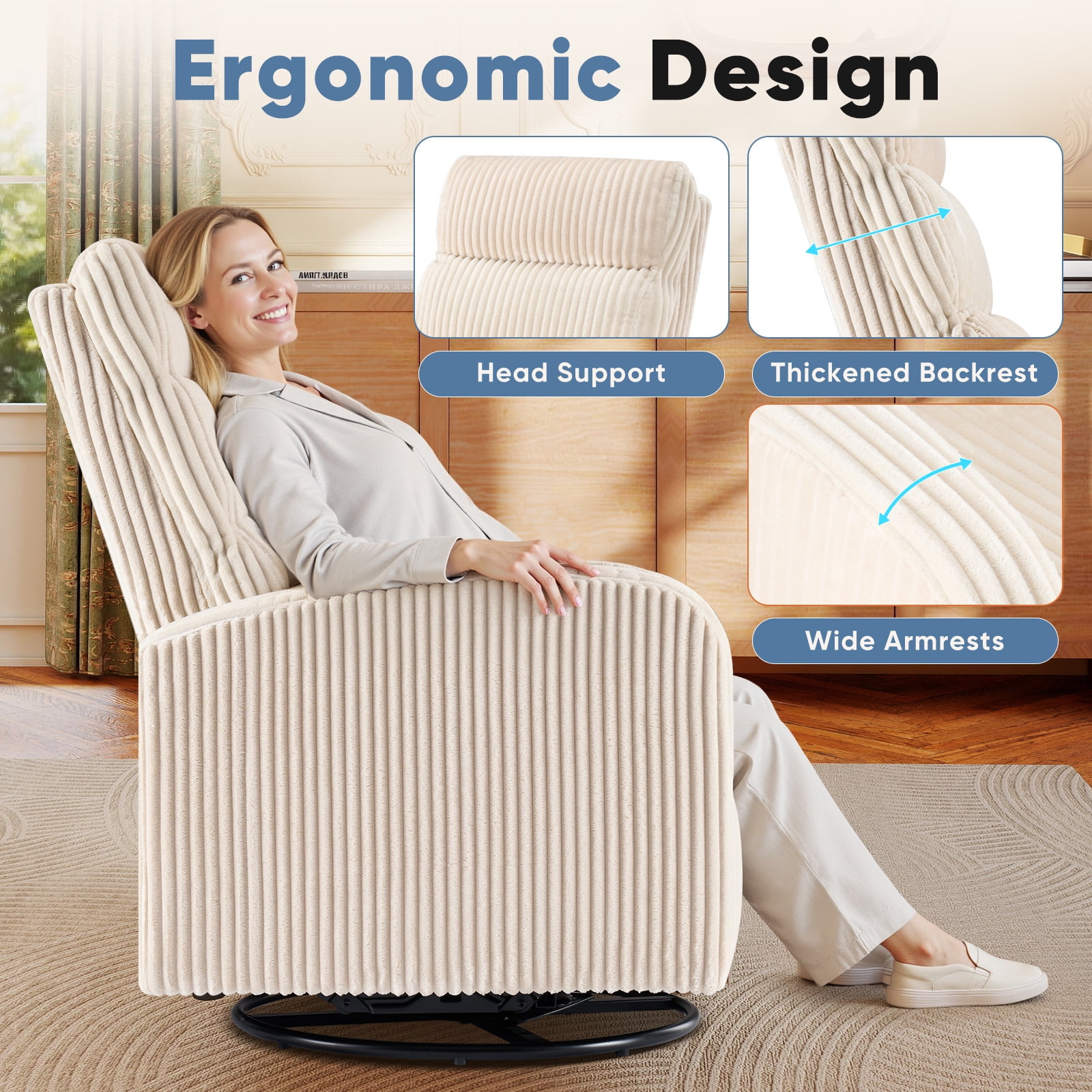 EDX 360°Swivel Nursery Chair, Comfy Chair for Bedroom, Rocking Chair with Thickened Seat Cushion, High Back Sofa Chairs for Living Room, Nursery Room and Reading Room, Beige