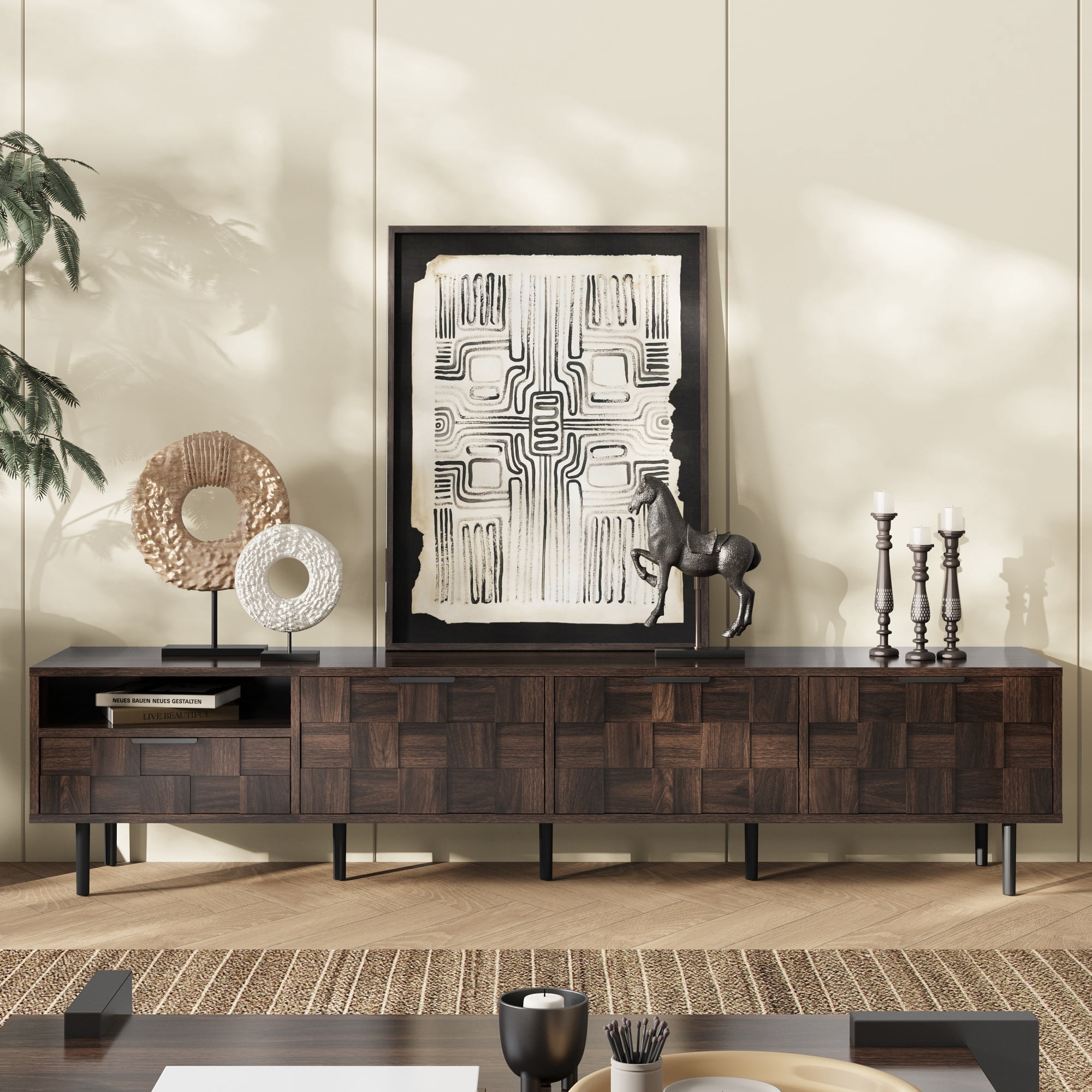 Euroco 78 " Mid Century Modern TV Stand for 65+ Inch TVs, TV Console with Storage Cabinets for Living Room, Entertainment Center Storage