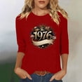 thumbnail image 1 of Uootdi Hauts pour Femmes Manches 3/4 Col Rond Imprimé Palmier Coucher de Soleil 1976 Coupe Décontractée Rétro Plage Vacances T-Shirts Cadeau, 1 of 4