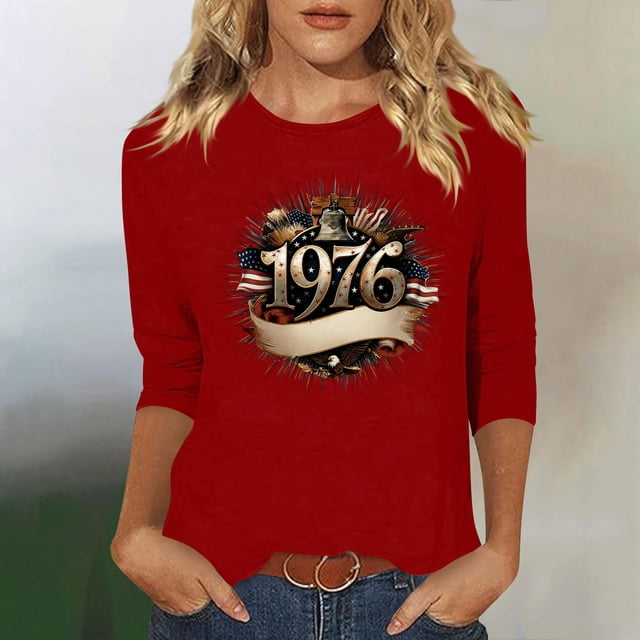 Uootdi Hauts pour Femmes Manches 3/4 Col Rond Imprimé Palmier Coucher de Soleil 1976 Coupe Décontractée Rétro Plage Vacances T-Shirts Cadeau
