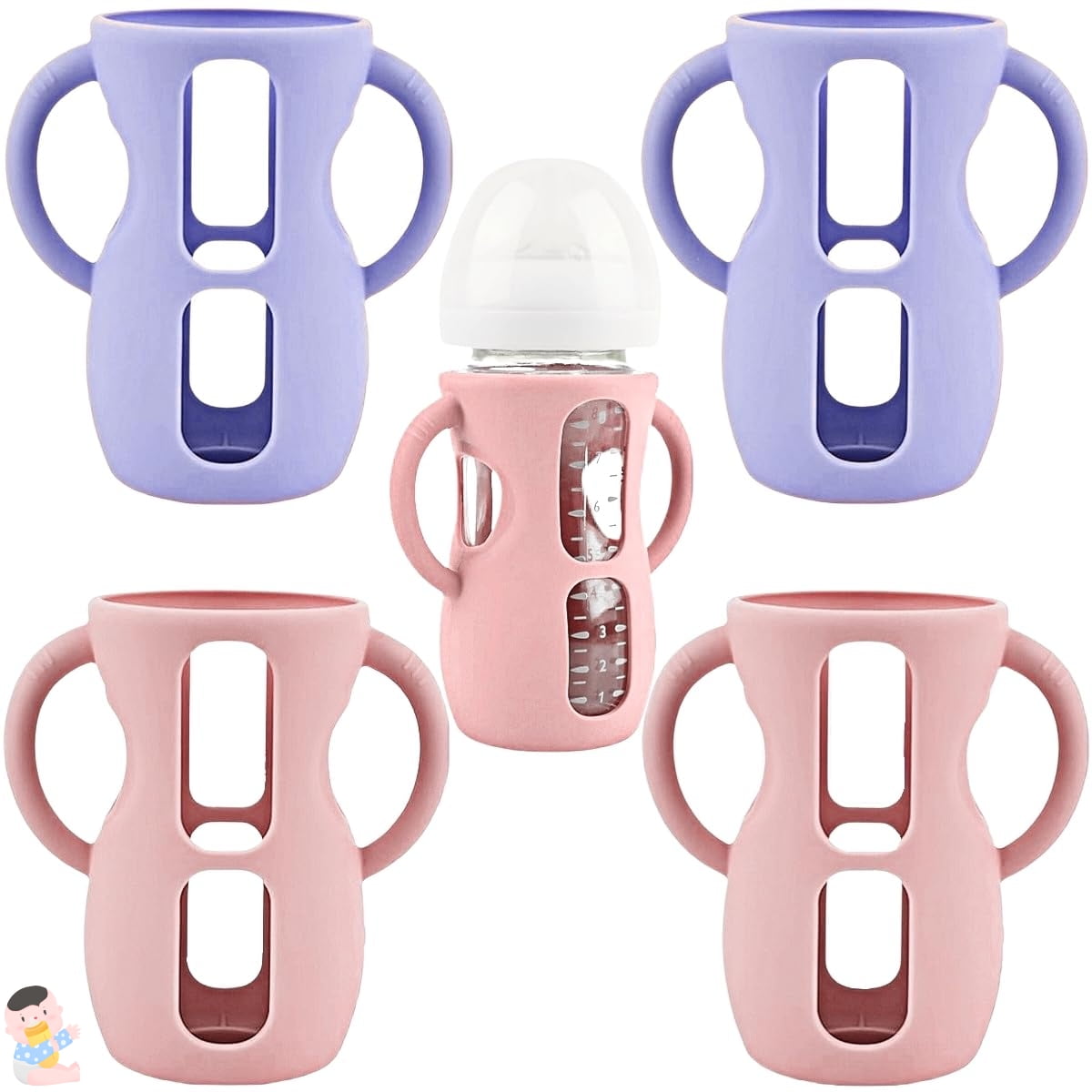 4 Pack Silicone Sleeves for Avent Natural Glass Baby Bottles, Silicone and Easy-Grip Handles for Drop Protection, Compatible with Philips Avent 4/8 OZ Glass Bottle (2 Pink+2 Purple, 8 OZ)