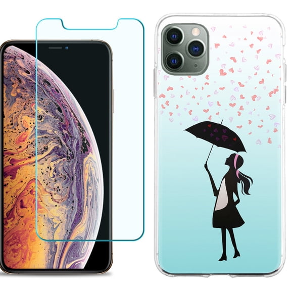 For Apple iPhone 11 Pro Max Phone Case , Slim-Fit TPU Case with Tempered Glass Screen Protector, by OneToughShield ® - Rain/Hearts