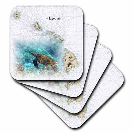 - 3dRose Print of Hawaiian Islands Chart With Sea Turtle - Ceramic Tile Coasters, set of 4