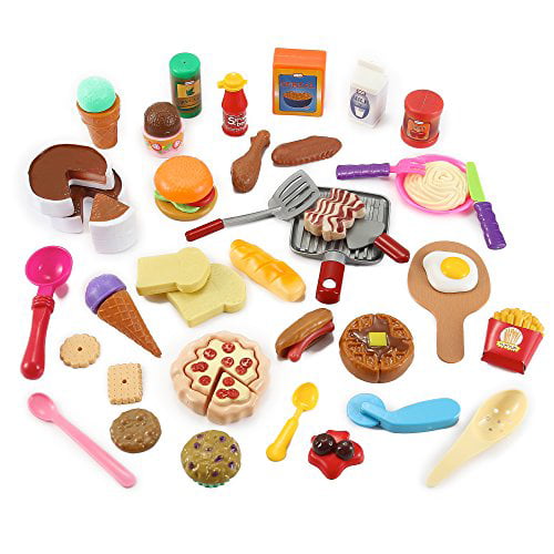 50 Piece Pretend Play Food Assortment Toy Set for Kids with Pan Kitchen Tools 