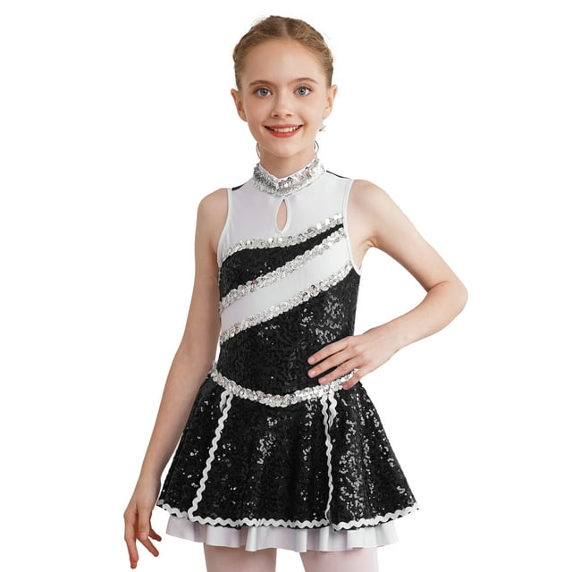 Jowowha Robe de Danse Sans Manches à Sequins pour Filles, Uniforme de Cheerleading, Robe de Fête, Noir 12