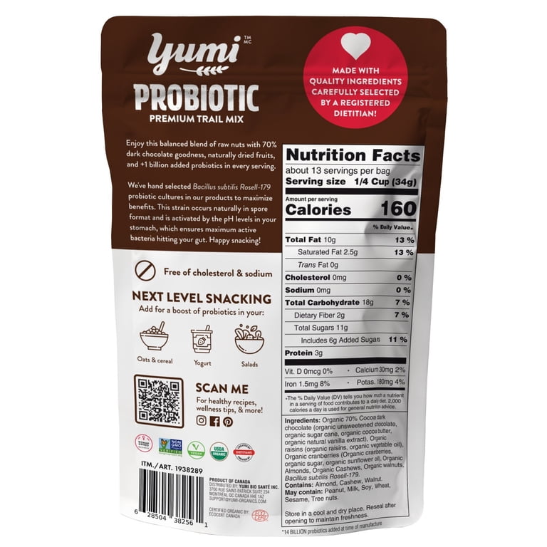 Yumi Probiotic Premium Trail Mix Dark Choco Deluxe | USDA Organic