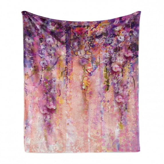 Flower Soft Flannel Fleece Blanket, Watercolor Painting Effect Wisteria Tree Blossoms Soft Scenic Spring Display, Cozy Plush for Indoor and Outdoor Use, 50" x 60", Violet Purple Pink, by Ambesonne