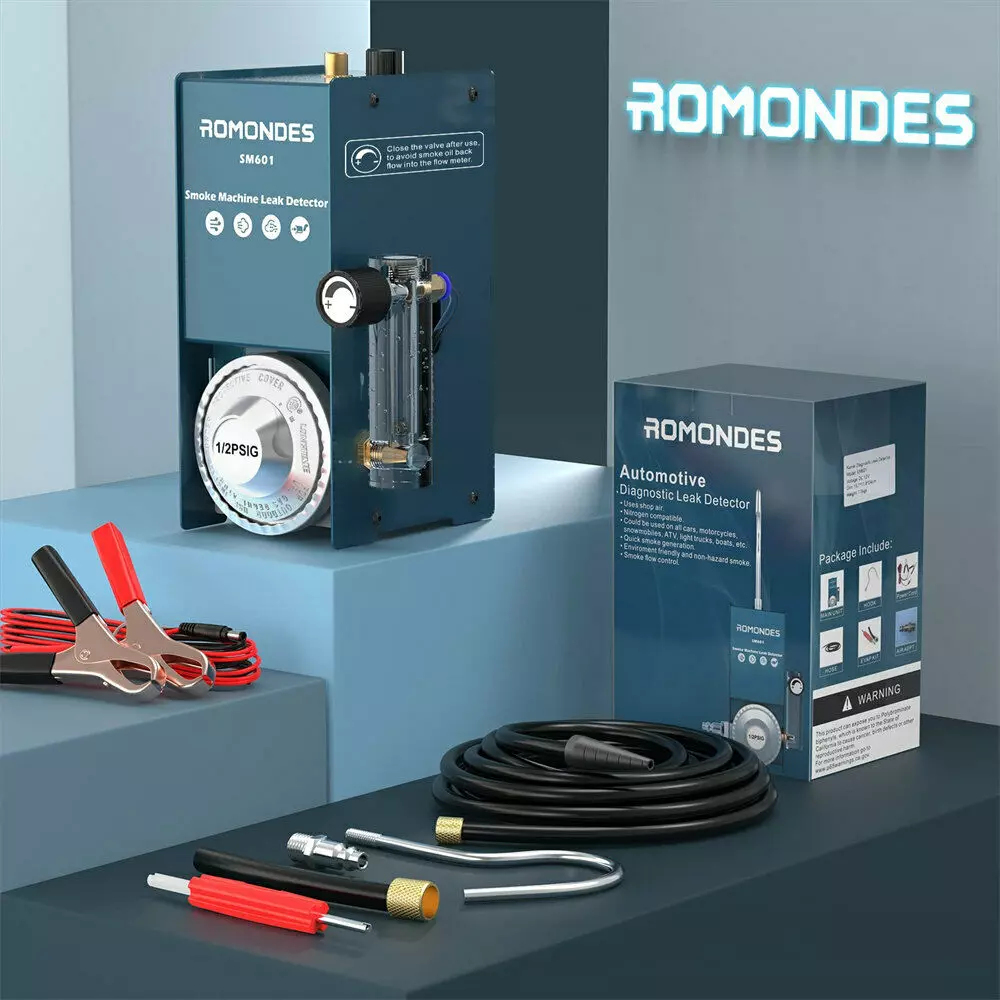 Romondes SM601 Automotive Smoke Machine Car Smoke Leak Detector Pipe Leak Detection Tool with Flow Indication & Flow Control EVAP Test Leakage Locator