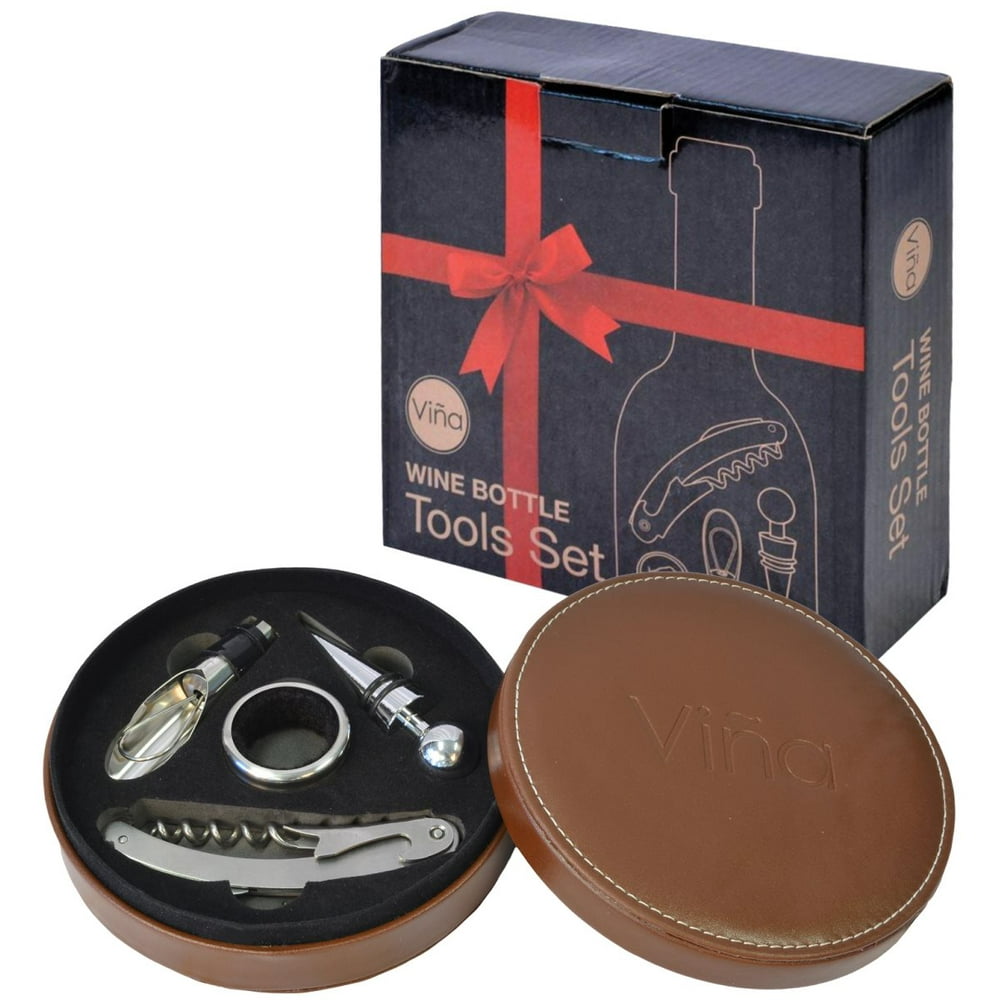 Vina Wine Accessory Bottle Opener Kit 4PCS set in Leather Gift Box