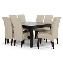 Avalon Transitional 9 Pc Dining Set with 6 Upholstered Dining Chairs in Light Beige Linen Look Fabric and 54 inch Wide Table