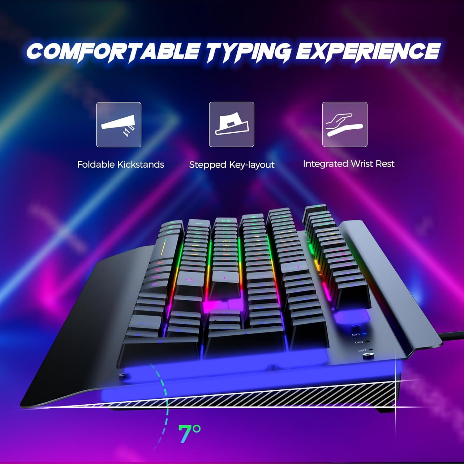 Gaming Keyboard, 104 Keys All-Metal Panel, Rainbow LED Backlit Silent Computer Wrist Rest, Multimedia Keys, Anti-Ghosting, Waterproof Light Up Wired Keyboard for PC Mac Gamer
