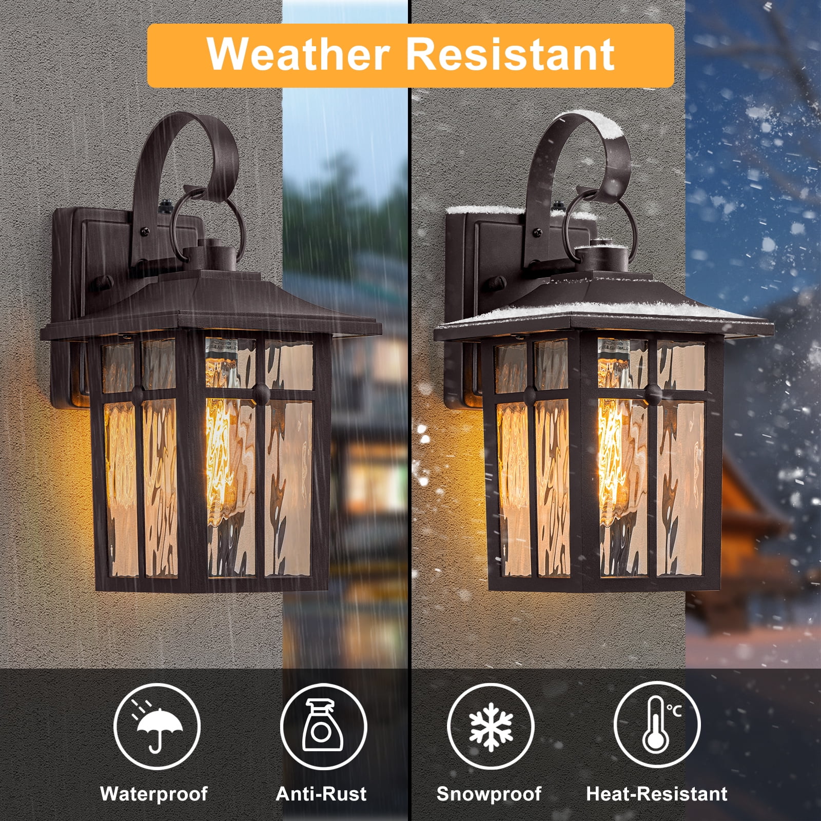 Maxax 2-Pack Dusk-to-Dawn Outdoor Wall Lights, Waterproof Brown Exterior Wall-Mount Fixtures with Ripple Glass, Porch Lanterns for Entryway, Garage, and Patio