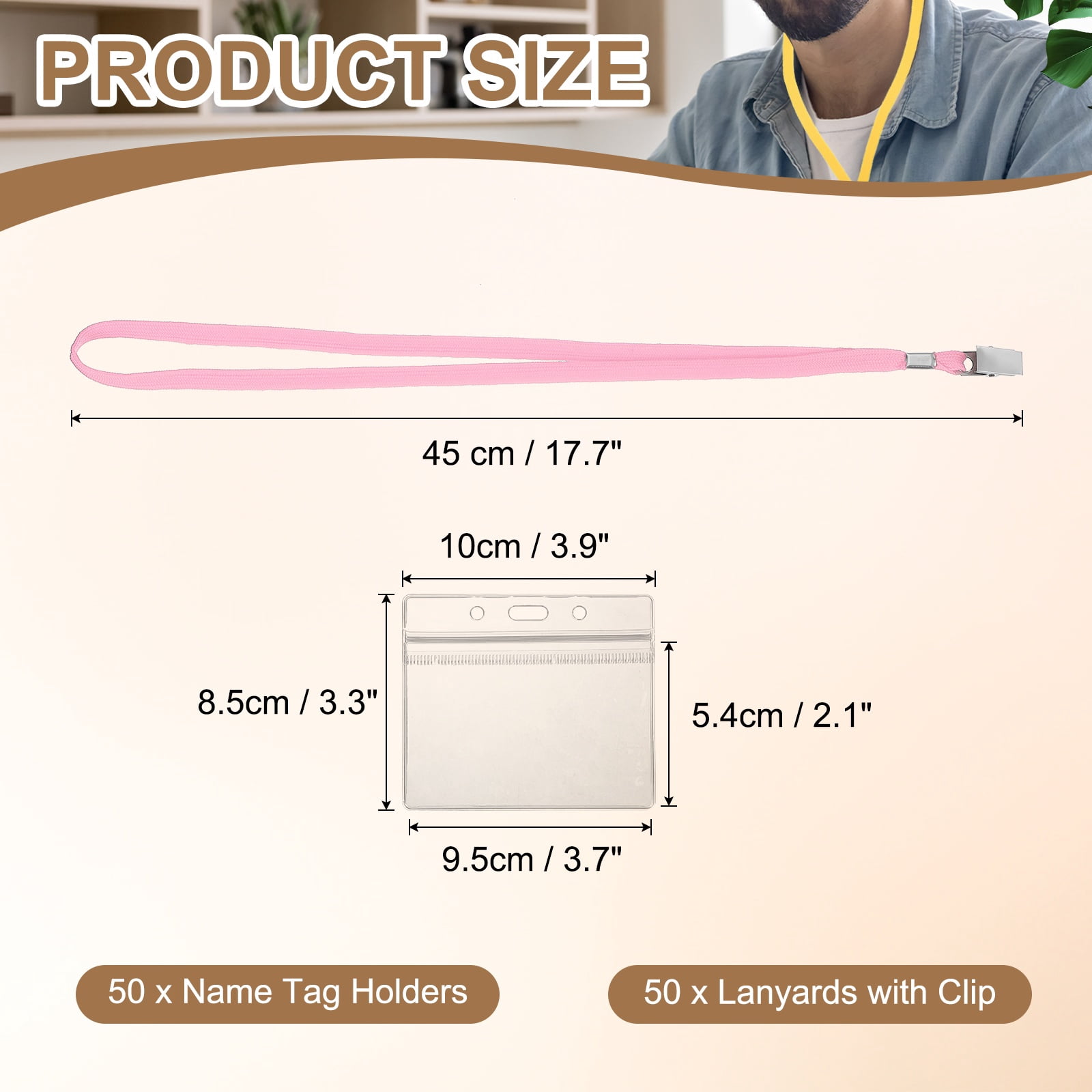 Uxcell 50 Set Name Tag Holders with Lanyard, Plastic Waterproof Horizontal Badge Holder with Alligator Clip Lanyards for ID Badges Office Teacher Events Meetings, Pink(4x2 Inch)