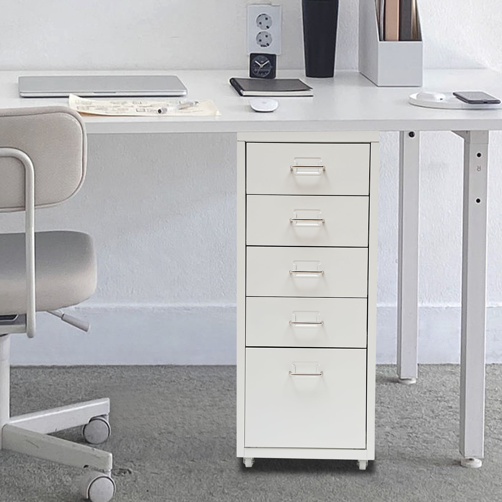 Fichiouy Metal File Storage Cabinet with Rubber Wheels 5-Drawer Storage Cabinet for Home Office 16" D x 11" W x 27" H