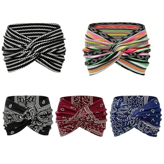Printed Cross Yoga Headband,Boho Headbands for Women,Ailsion Headband,Boho Style & Paisley Print Hair Band Wide Elastic Hair Band (5PCS, one size)