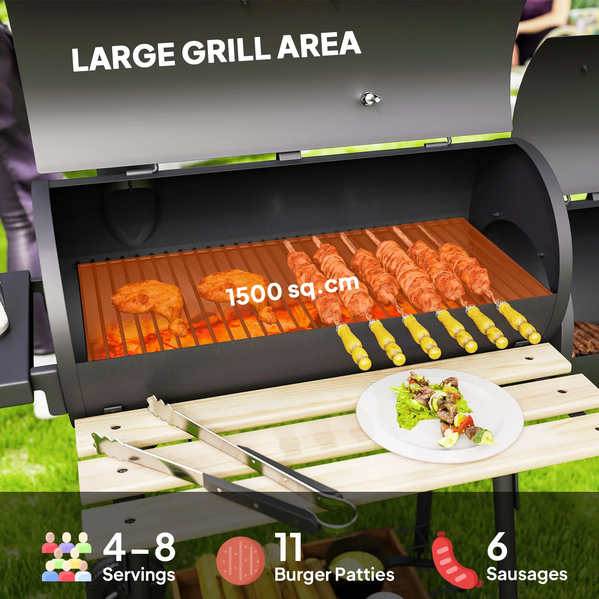Portable Charcoal BBQ Grill with Wheels, Shelves & Thermometer, Black