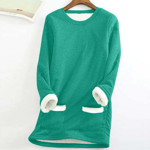AOOCHASLIY Women Fall Tops Women's Round Neck Pocket Thickened Plush Warm Long Sleeve Blouse