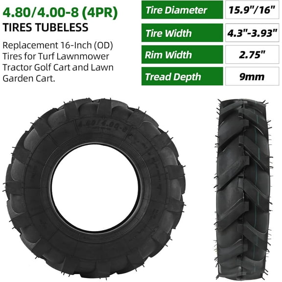 4.80/4.00-8 Tubeless Tires - 4PR 16-Inch Tractor Tread Replacement Tires for Lawn Mower, Garden Tractor, Tiller, Cart, Wheelbarrow, Golf Cart, Utility Trailer