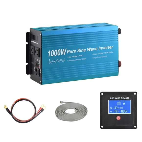 Fit4Less Pure Sine Wave Power Inverter 1000W DC12V to AC 110V with Dual sockets and USB, LCD Remote kit. (1000W)