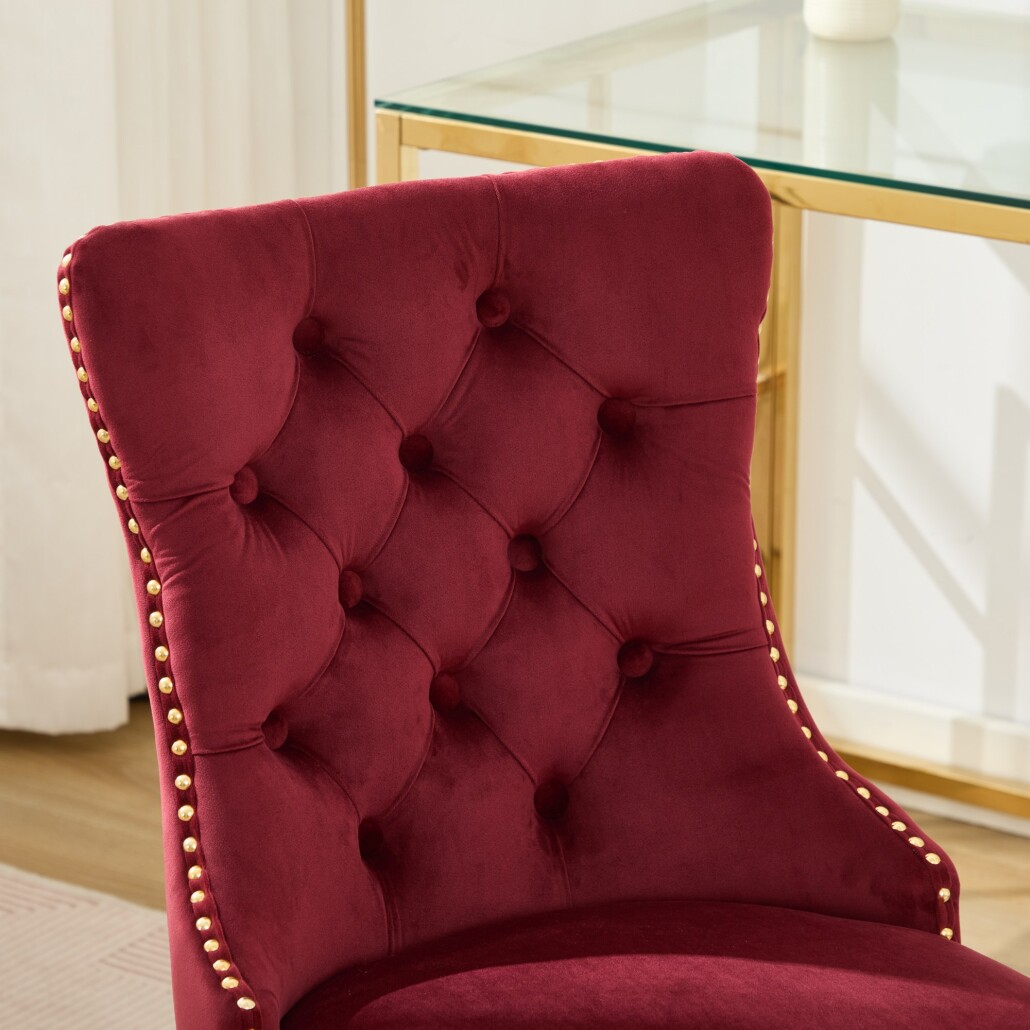 Velvet Office Desk Chair with Swivel Wheels, Modern Vanity Chair with Golden Metal Base and High Back, Tufted Button Adjustable Height Chair for Living Room, Bedroom, Apartment, Red