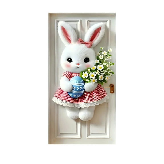 Costeam Easter Bunny Egg Door Banner with Spring Flower Bow，Pastel Hanging Cover for Indoor Outdoor Holiday Decor