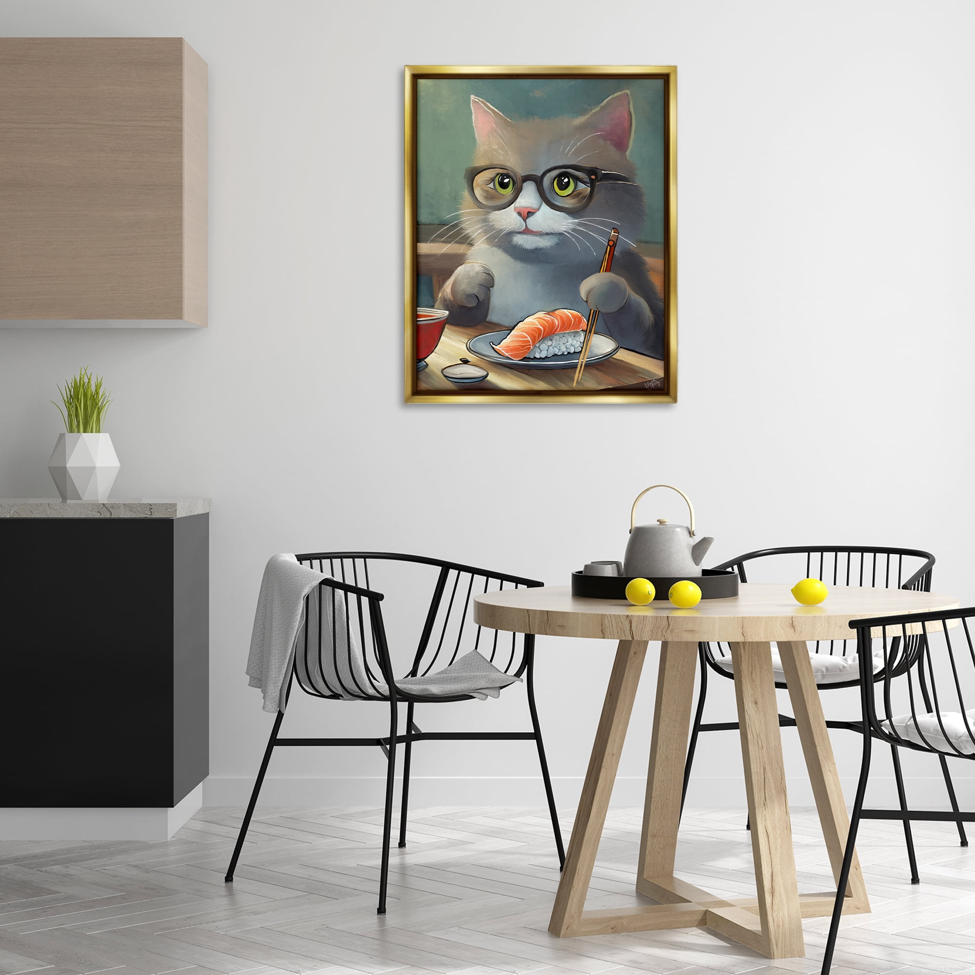 Stupell Industries Cat Eating Sushi Food & Beverage Painting Gold Floater Framed Canvas Art Print Wall Art, 25 x 31
