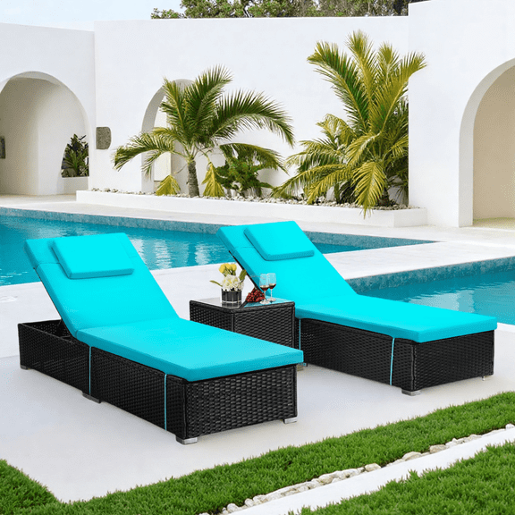 LOGYAT 3 Piece Outdoor Wicker Chaise Lounge Set, 2 Oversized Reclining Chaise Chairs Matching Side Table, Patio Lounger with Washable Cushions, Light Blue