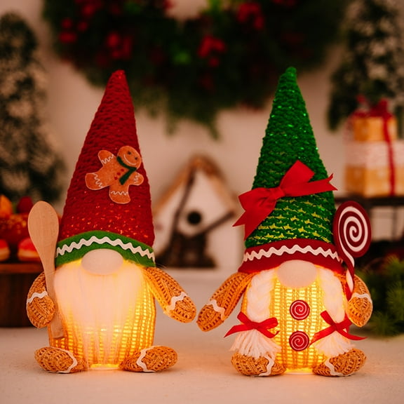 1PC Christmas Gnomes Plush with LED Light, Handmade Lighted Swedish Tomte Santa with Gingerbread Scandinavian Figurine Plush Glowing Up Elf Doll Gnome Ornaments Christmas Decorations Home Decor