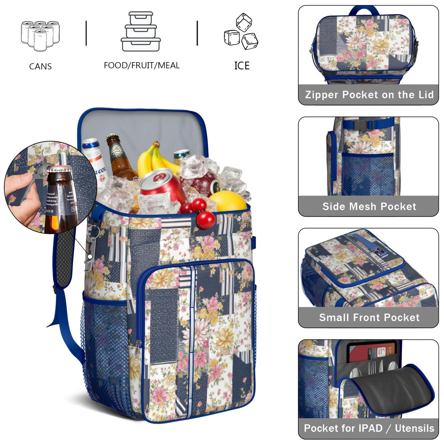 Travel Cooler Bag - Pioneer Flower Camping Beer Cooler Backpack with Bottle Opener- Waterproof Insulated Picnic Backpacks - Cooler Bag for Beach