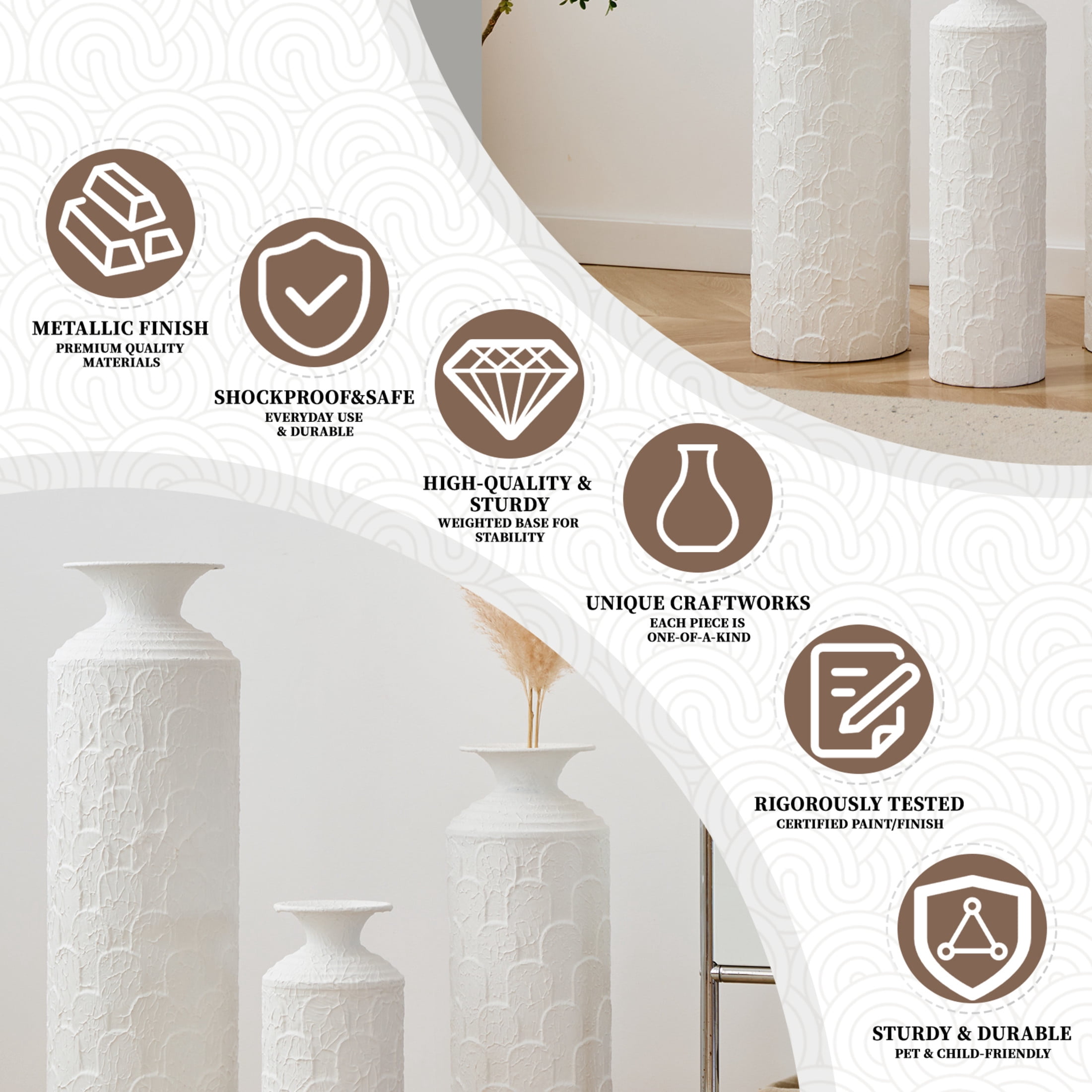 Noble House 3-Piece Metal Floor Vase Set, 33.46", 25.59", 19.69" Textured Decorative Vases, White