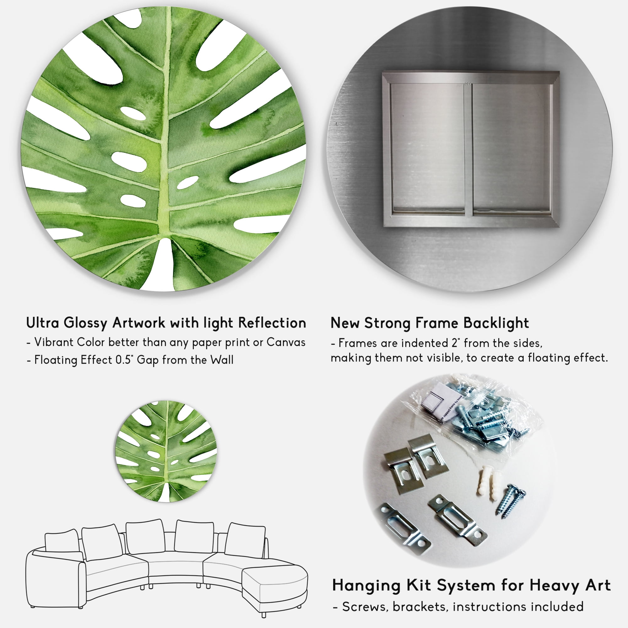 Designart 'Close Up Green Monstera Leaf Tropical Palm' Tropical Circle Metal Wall Art 36x36 - Disc of 36
