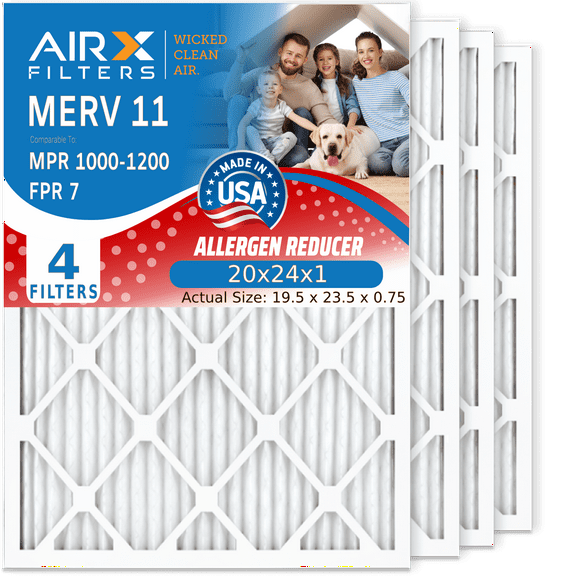 20x24x1 Air Filter MERV 11 Comparable to MPR 1000, MPR 1200 & FPR 7 Electrostatic Pleated Air Conditioner Filter 4 Pack HVAC Premium USA Made 20x24x1 Furnace Filters by AIRX FILTERS WICKED CLEAN AIR.