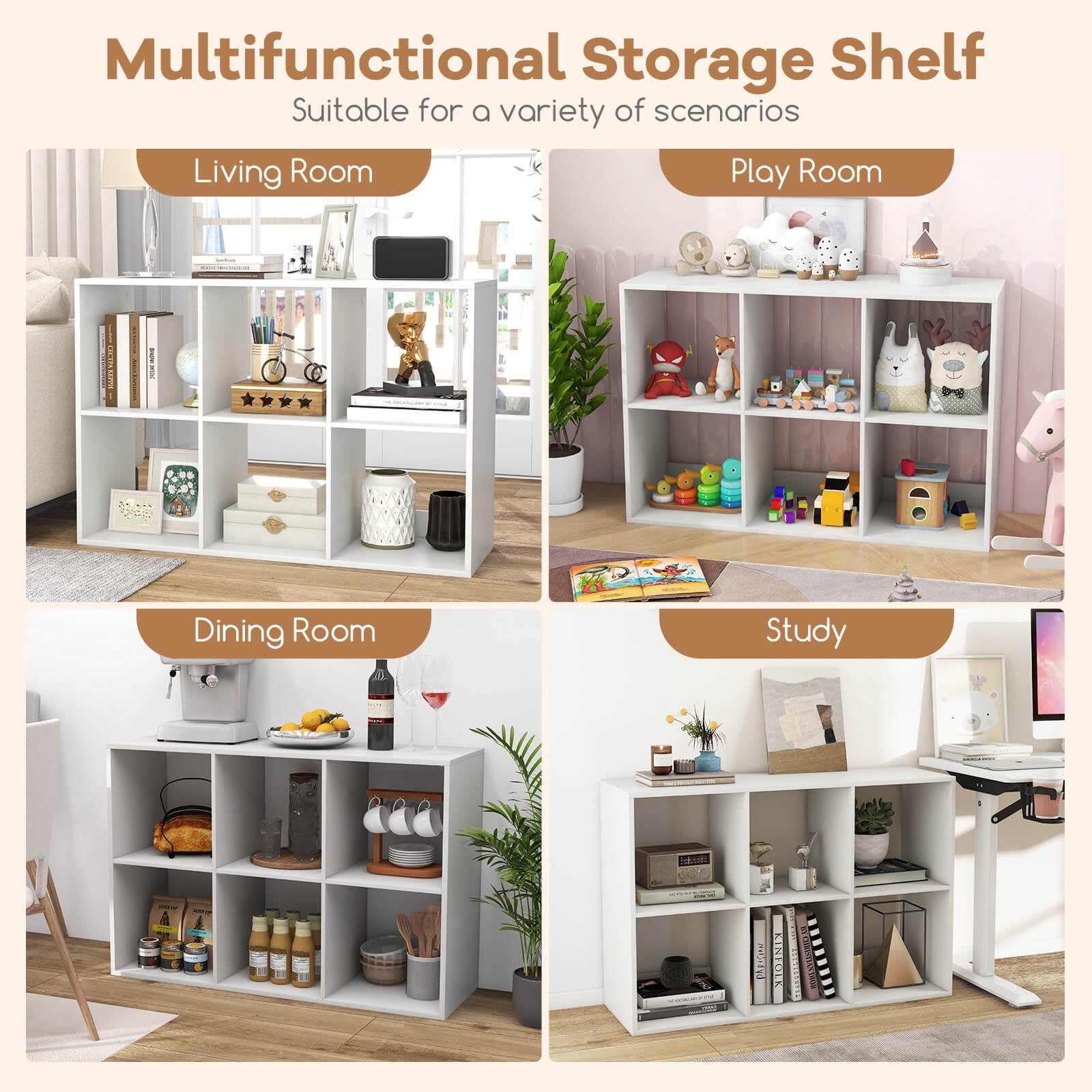 Costway 6-Cube Open Bookshelf with Anti-tip Kits Home Modern Style Storage Shelf for Study White