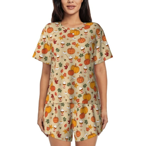 Logiee Fall Autumn Print Womens Pajamas Set,Short-Sleeve Pajama 2 Piece Sleepwear with Pockets-Small