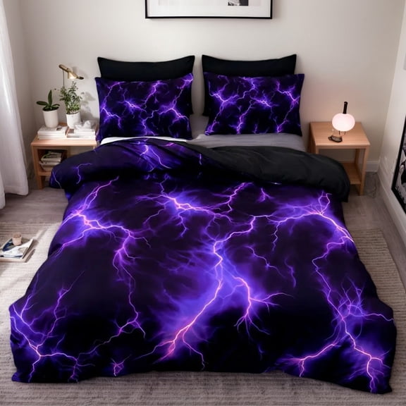 Orylavena Purple Lightning Microfiber Duvet Cover Set, Black Back, Twin