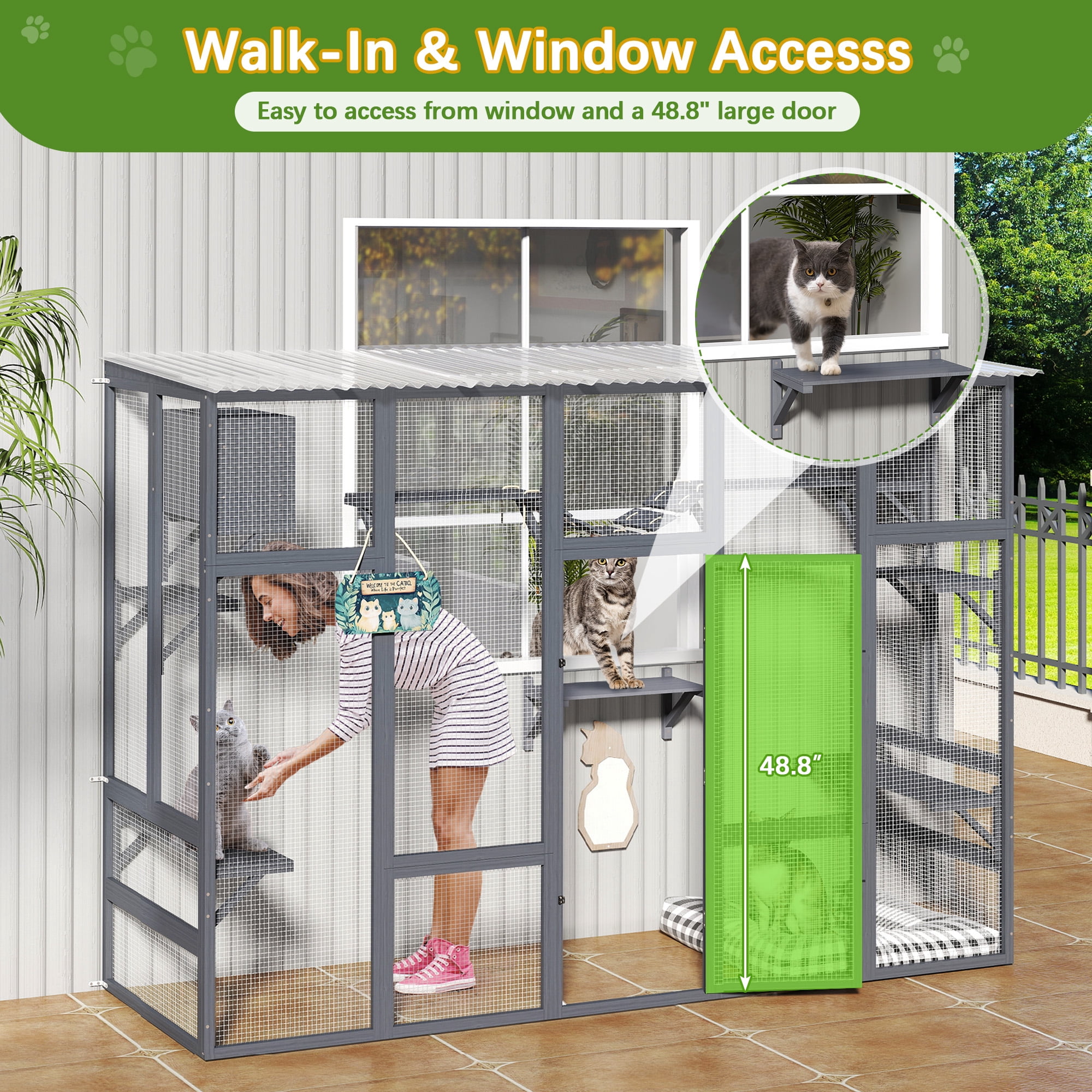 COZIWOW Outdoor Wooden Cat Enclosure Large Cat Catio with Scratcher Pet Playpen for Multiple Kittens