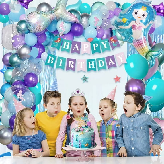 SPECOOL Mermaid Design Balloon Set Birthday Party Decoration Party Supplies with Princess Mermaid Dress Up Jewelry Necklace Bracelet Crown, Happy Birthday Decoration for Girls