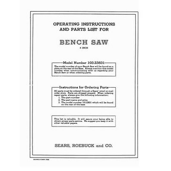 1949 Craftsman 103.23831 8" Bench Saw-Operating Instructions & Parts List REPRINT