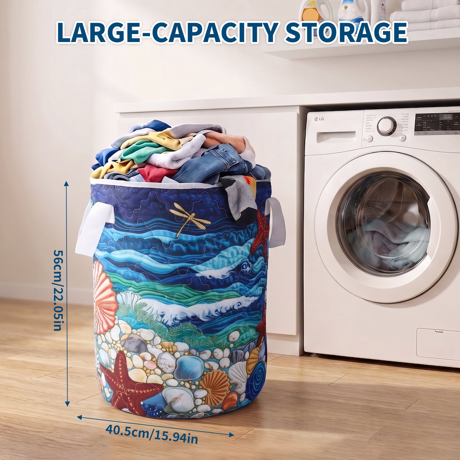 Yucurem Boho Fabric Floral Storage Hamper with Handle, Quilted Laundry Basket for Nursery Bedroom Laundry Room Clothes Toys (Starfish)
