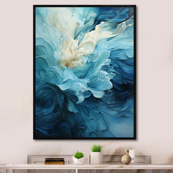Designart "Swirling Serenity In Aqua Blue And White III" Abstract Spirals Floater Framed Wall Decor