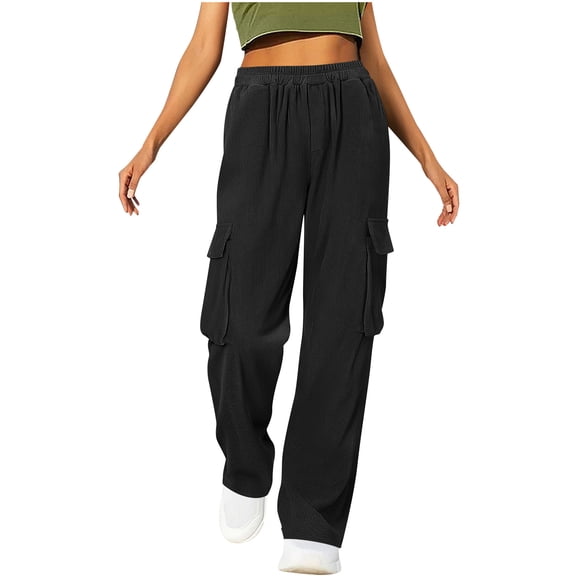 fatyb Women's Corduroy Cargo Pants Elastic High Waist Womens Casual Straight Leg Trousers with Pockets