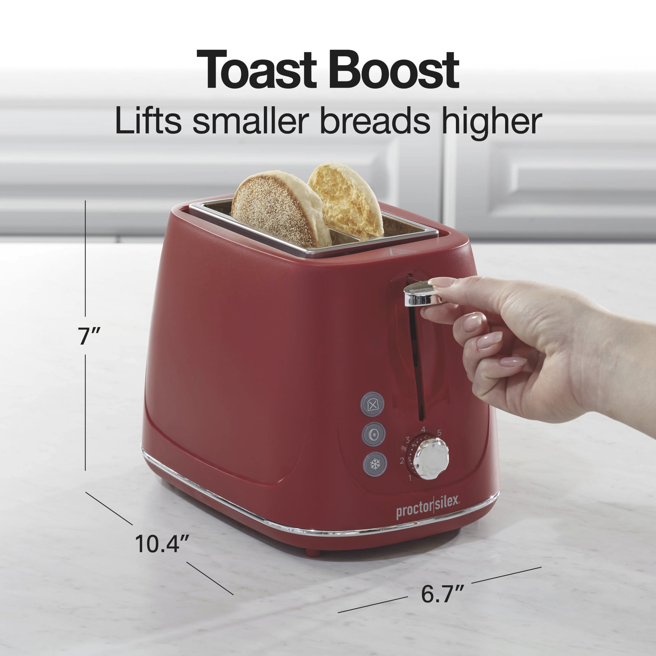 Proctor Silex 2-Slice Toaster, Wide Slots, 3 Preset Functions and Removable Crumb Tray, Red
