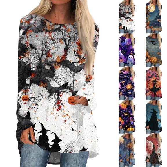 Halloween Long Sleeve Shirts for Women Funny Halloween Party Bat Crew Neck Loose Party Womens Tunic Tops Trendy Vintage Fall Clothes Wear with Leggings Outfits Gray XXL