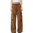thumbnail image 2 of Cargo Pants Women with Deep Pockets, Pull Rope Adjustable Waist, Breathable Workout Trousers, Solid Color Full Length Casual Joggers, Outdoor Hiking Gifts for Women | CSEONE,Coffee L, 2 of 7